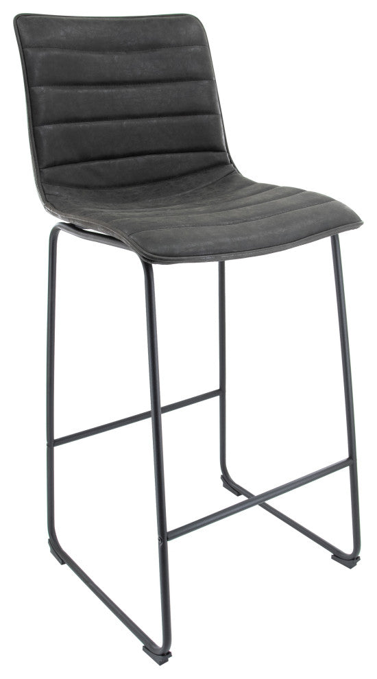 LeisureMod Brooklyn Modern Leather Bar Stool With Footrest, Charcoal Black