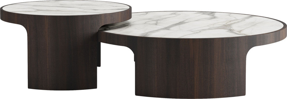 Oliver Nesting Coffee Tables, Smoked Oak and White Marble Ceramic