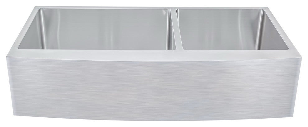 42" Curved Front Offset Double Bowl Stainless Steel Farmhouse Sink