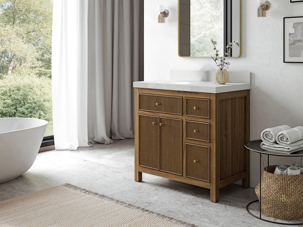 Sonoma Teak 36 Center Sink Bath Vanity in Dark Natural with 2" Calacatta Nuvo