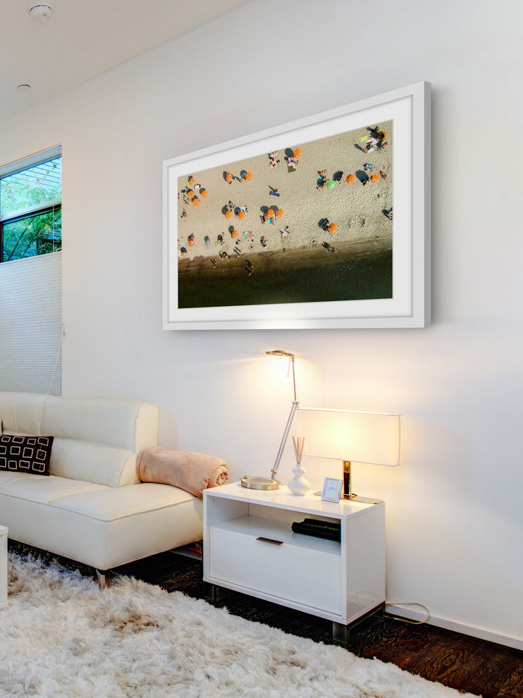 "Orange Umbrellas" Framed Print by Karolis Janulis