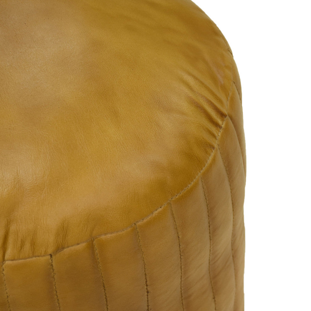 Poufs-Solid Handmade Goat Leather Pouf, Recycled Cotton Fill, Beige, Round, 16x16x16