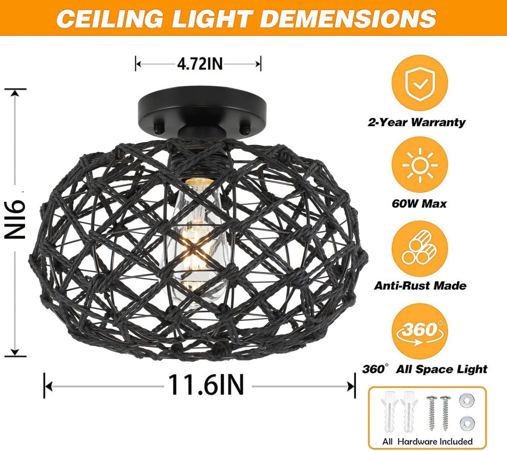 Rattan Semi Flush Mount Ceiling Light Basket Woven Wicker Boho Ceiling Lamp