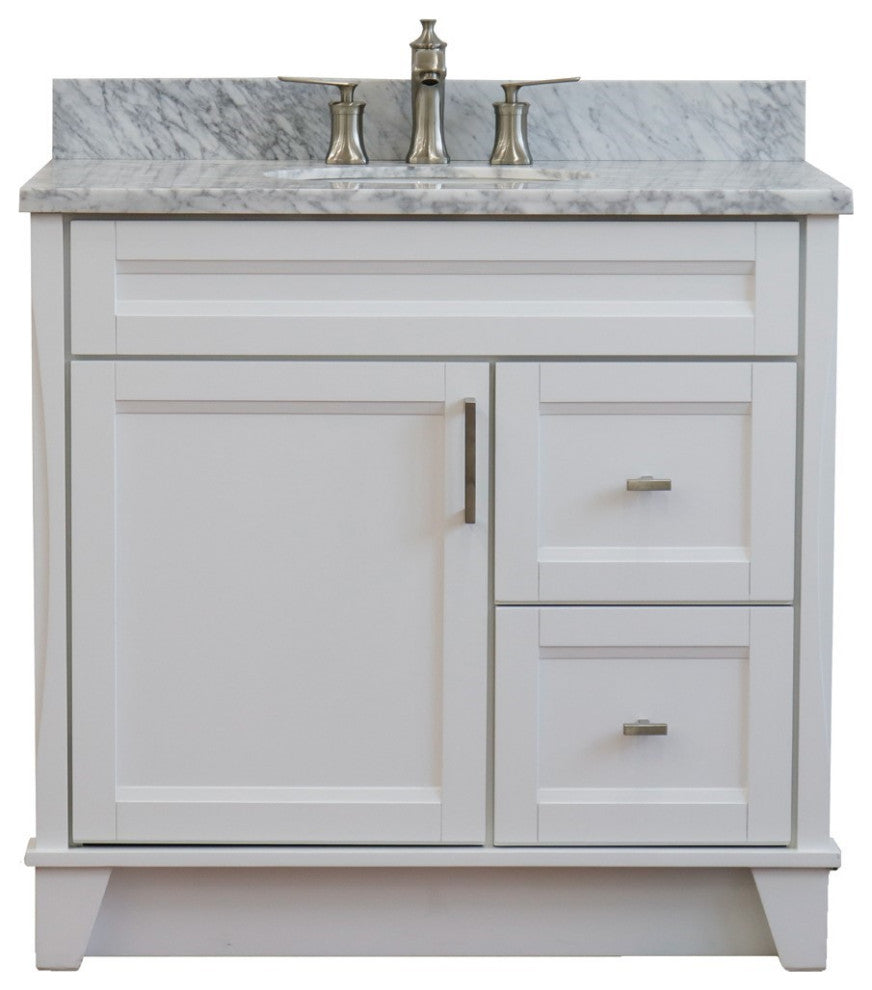 37" Single Sink Vanity, White Finish With White Carrara Marble