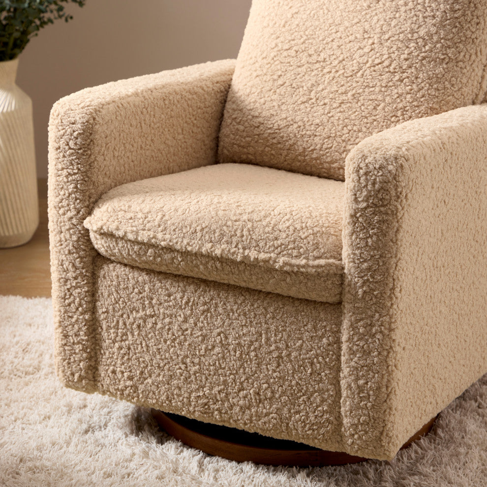 Cali Pillowback Swivel Glider, Boucle, Chai Shearling With Dark Wood Base