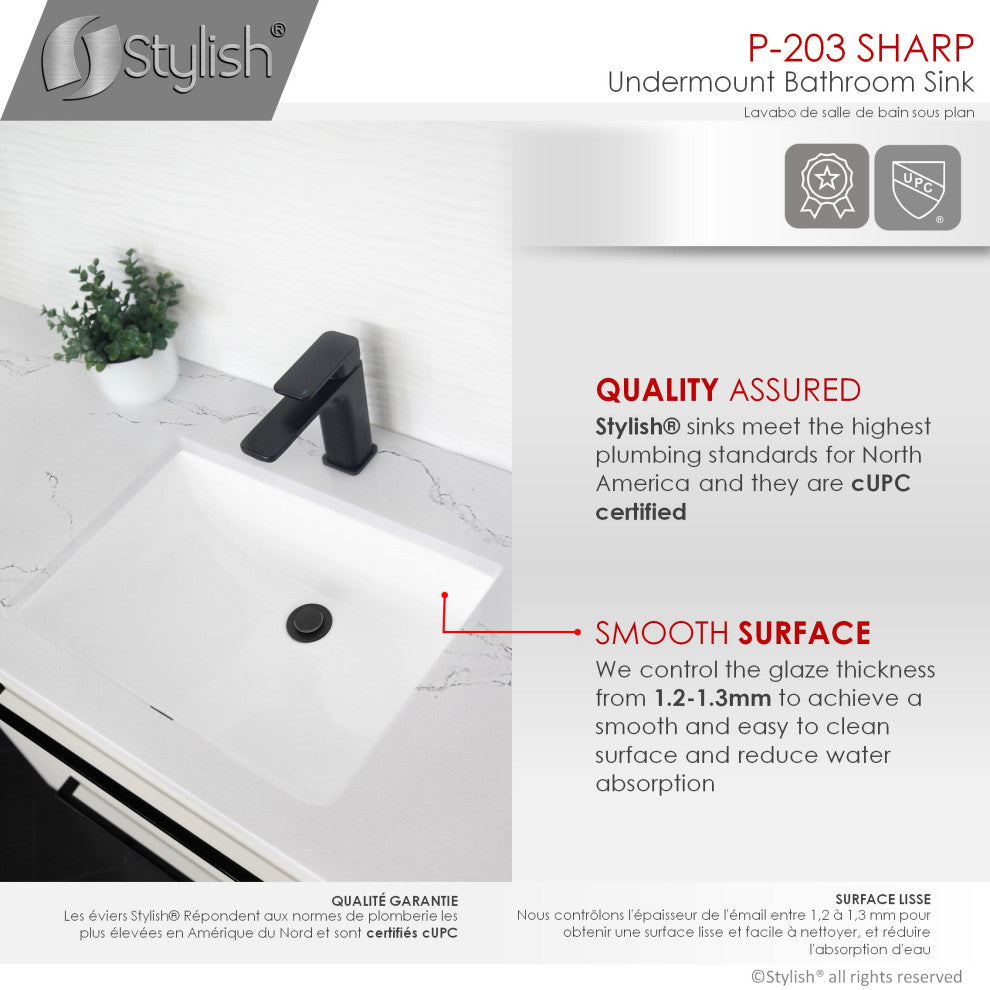 STYLISH 21" Rectangular Undermount Ceramic Bathroom Sink, 2 Overflow Finishes