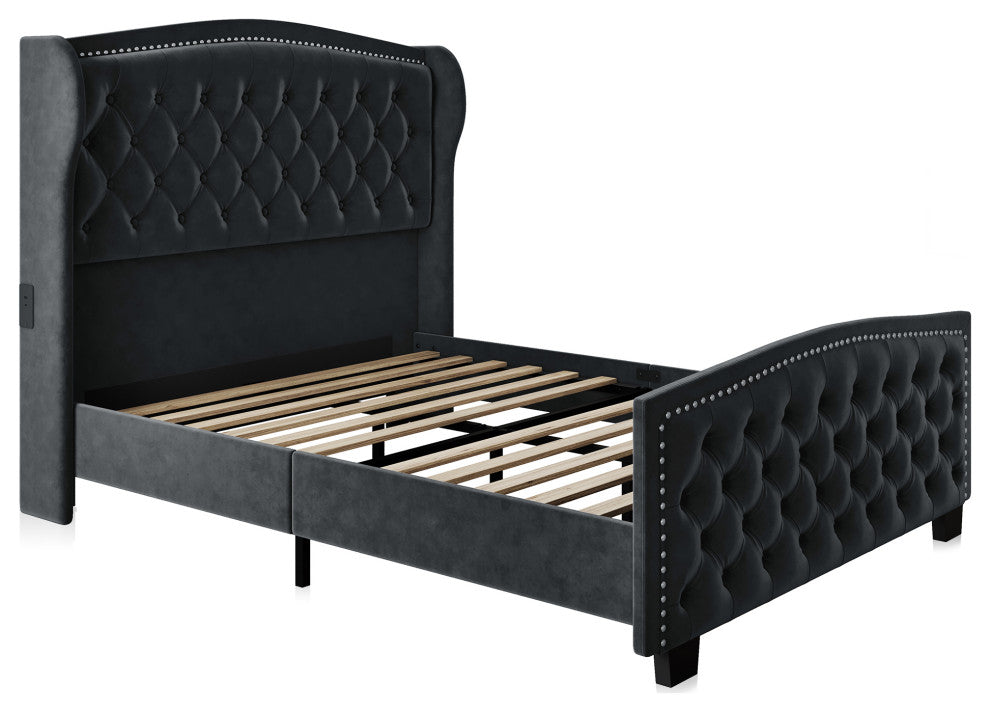 Queen Platform Bed Frame with Fast Charging Port, No Box Spring Needed, Gray