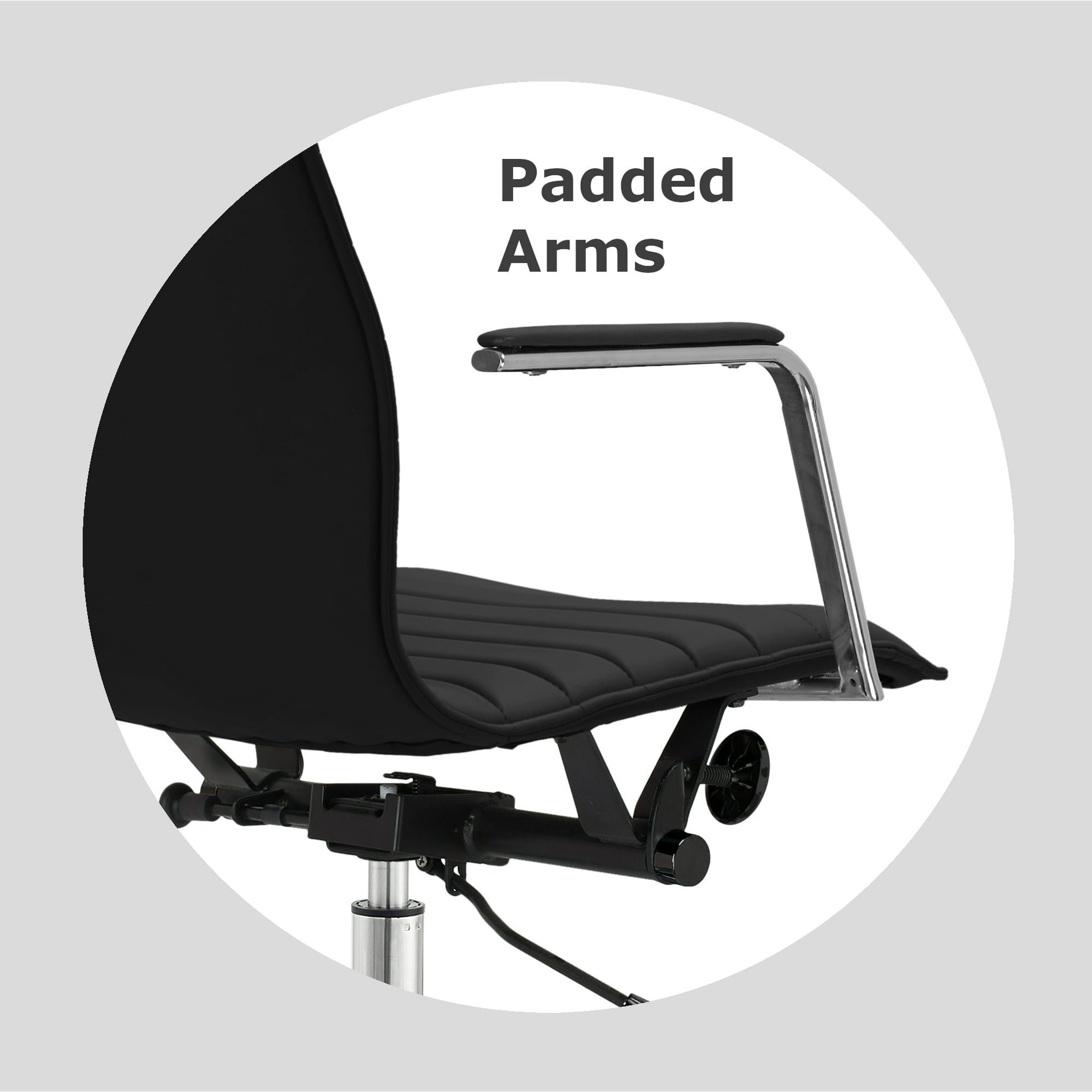 Modern Office Arm Chair With Wheels  Mid Back Ribbed PU Leather Adjustable, Black