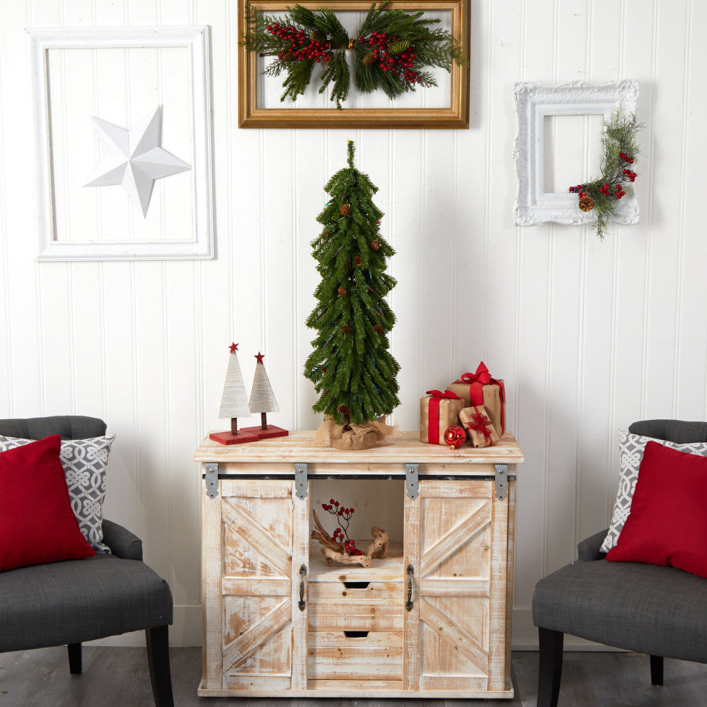 3' Faux Xmas Tree With Pinecones and 50 Multicolored Lights Set, a Burlap Base