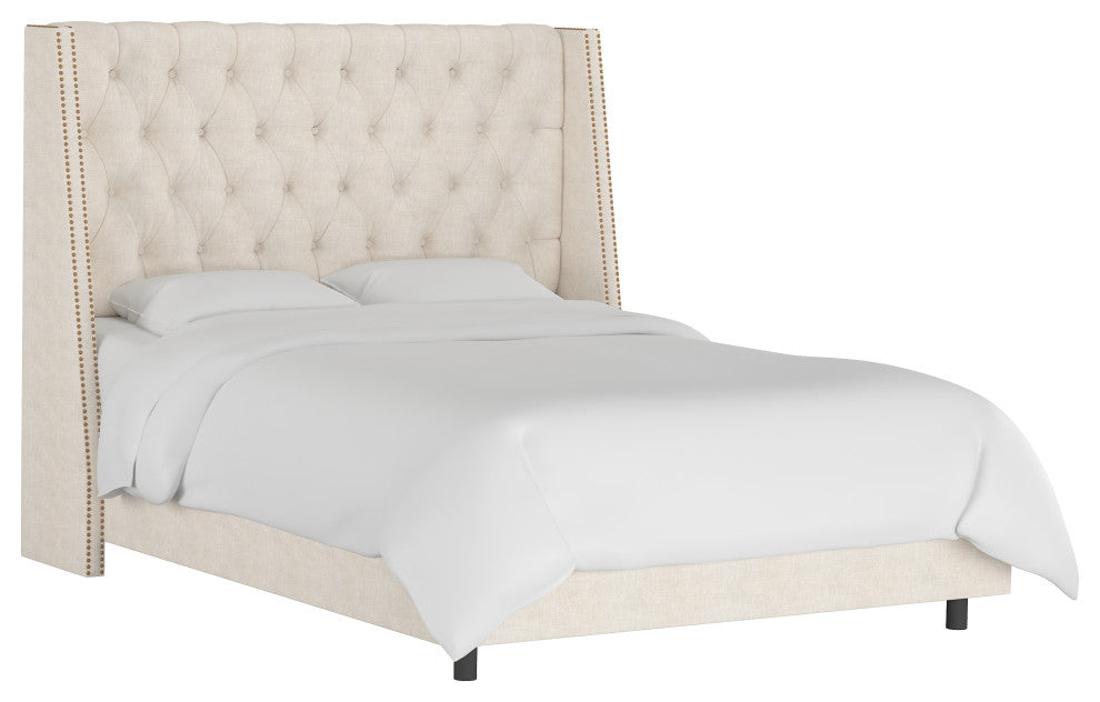 Williams California King Nail Button Tufted Wingback Bed, Linen Talc