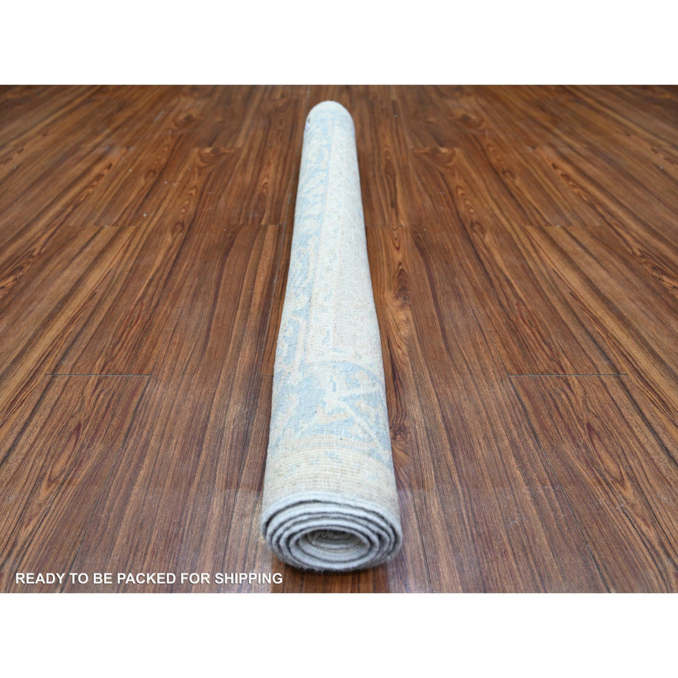 Gray Shiny Wool Hand Knotted White Wash Peshawar Oriental Rug, 3'9"x5'11"