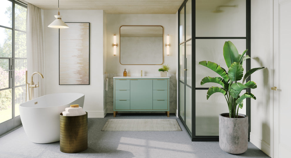 Bradford Bath Vanity, Green, 48", Satin Brass Hardware, Single Sink, Freestanding