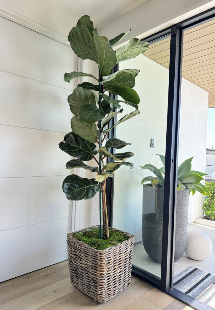 Rattan Kobo Square Planter With Plastic Liner, Gray