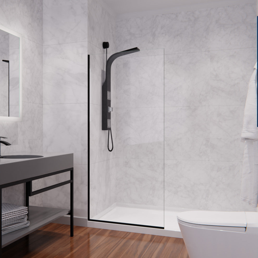 Veil Series 74"x34" Framed Frosted Glass Shower Screen Shower Door, Matte Black