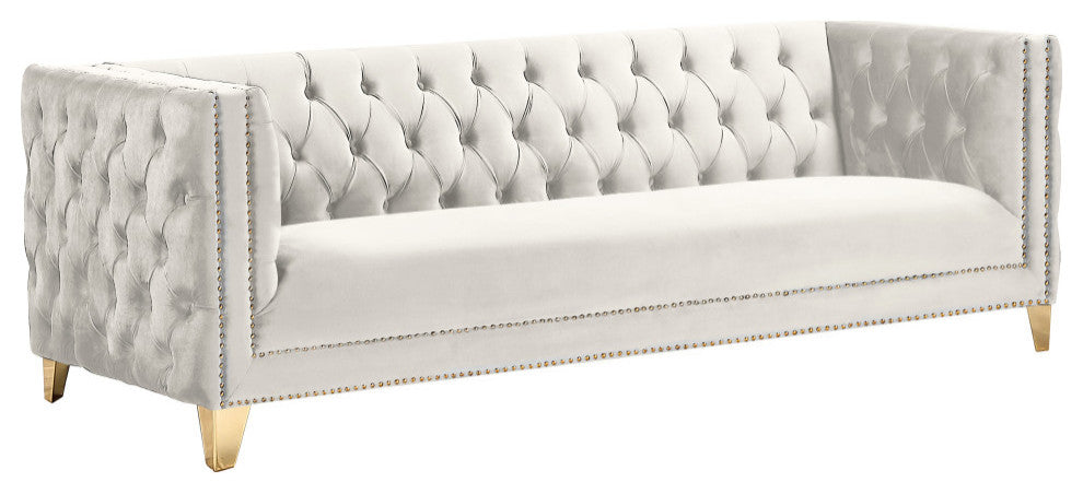 Michelle Fabric Upholstered Chair, Gold Iron Legs, Cream, Velvet, Sofa