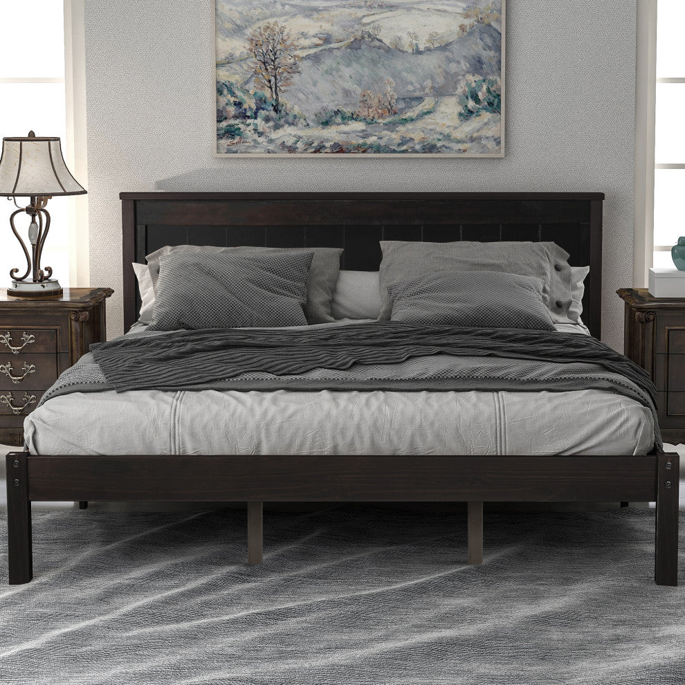 Gewnee Platform Bed Frame with Headboard , Wood Slat Support in Espresso