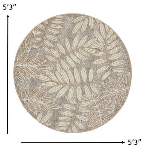 5' Round Gray And Ivory Round Floral Indoor Outdoor Area Rug