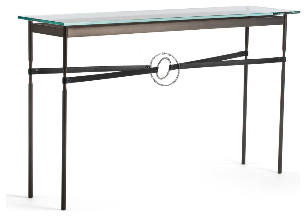 Equus Console Table, Dark Smoke Finish - Sterling Accents - Black Leather Strap