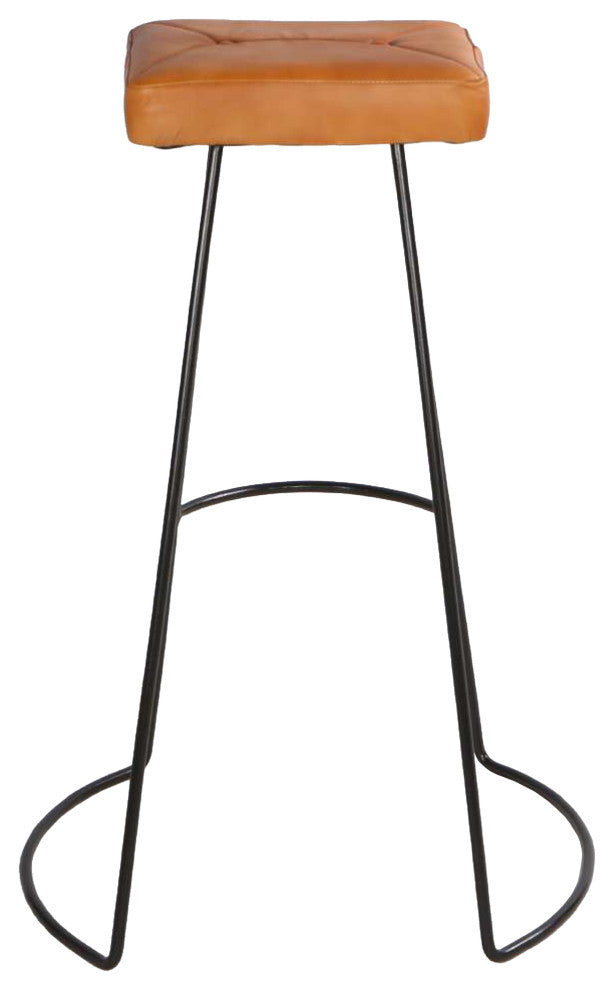 Benzara UPT-266370 Bar Stool, Leather Seat, Metal Frame, Tan Brown, Black