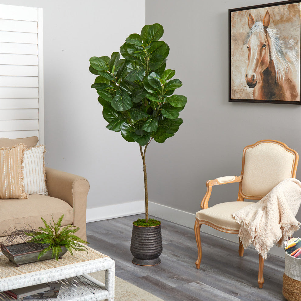 74" Fiddle leaf Fig Artificial Tree, Ribbed Metal Planter