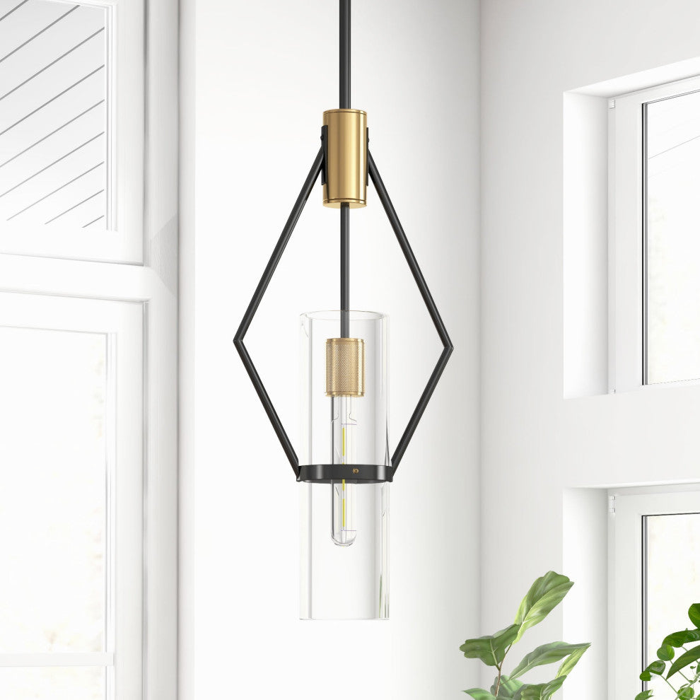 Everly Single Light Metal and Glass Pendant, Black and Brass