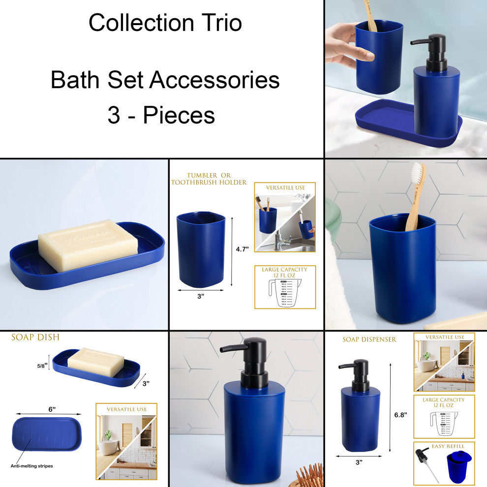 Bathroom Set Tumbler, Soap Dispenser, Soap Dish Set of 3 Accessories, Royal Blue
