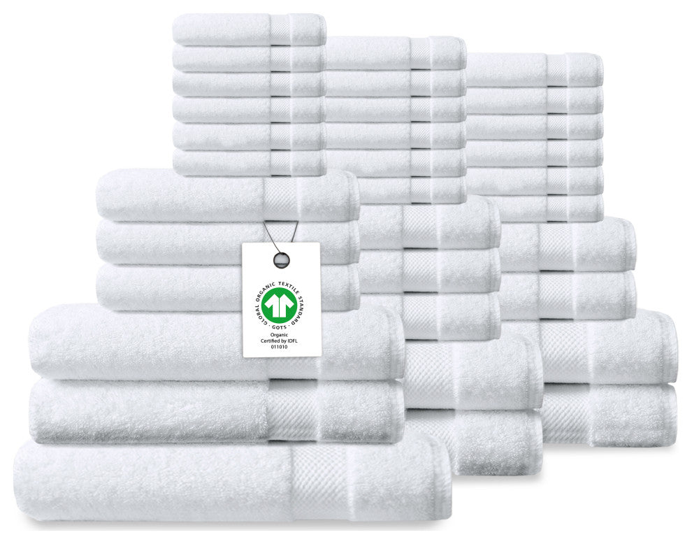 Delara 33-Piece 100% Organic Cotton Plush Bath Towel Sets, 36"x70", White