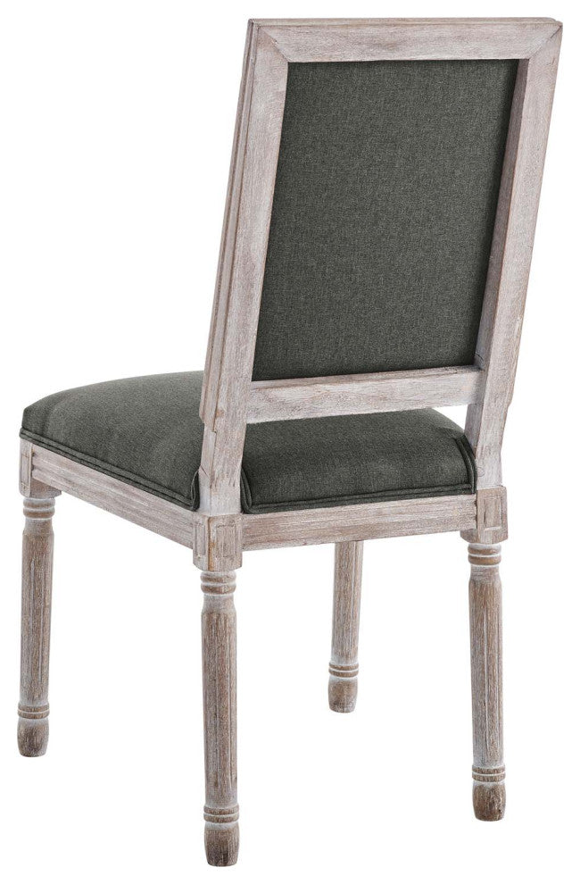 French Vintage Side Dining Chair, Fabric, Wood, Brown Natural Gray, Modern