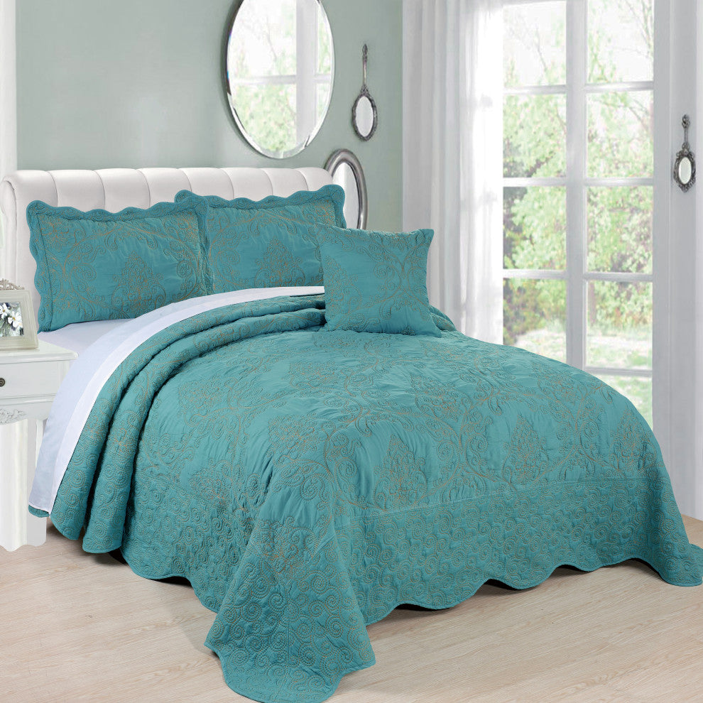 Damask Coverlet 4 Piece Bed Spread Set, Teal, Queen