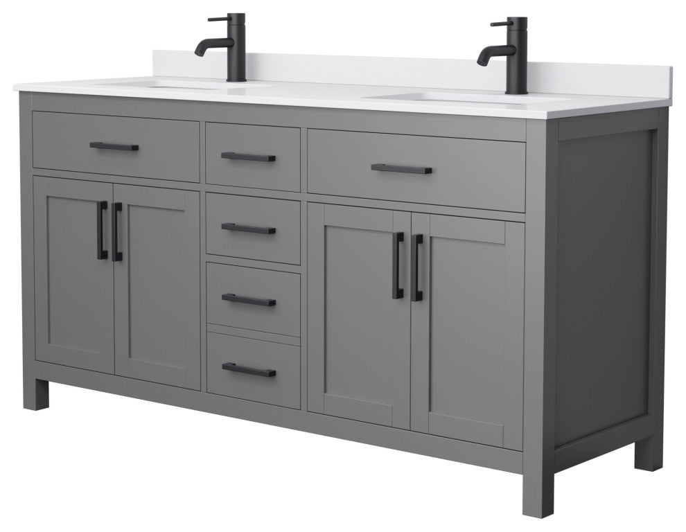 66"DBL Vanity Dark Gray, White Cult. Marble Countertop, Sinks, Black Trim