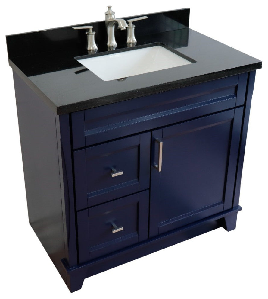 37" Single Sink Vanity, Blue Finish With Black Galaxy Granite