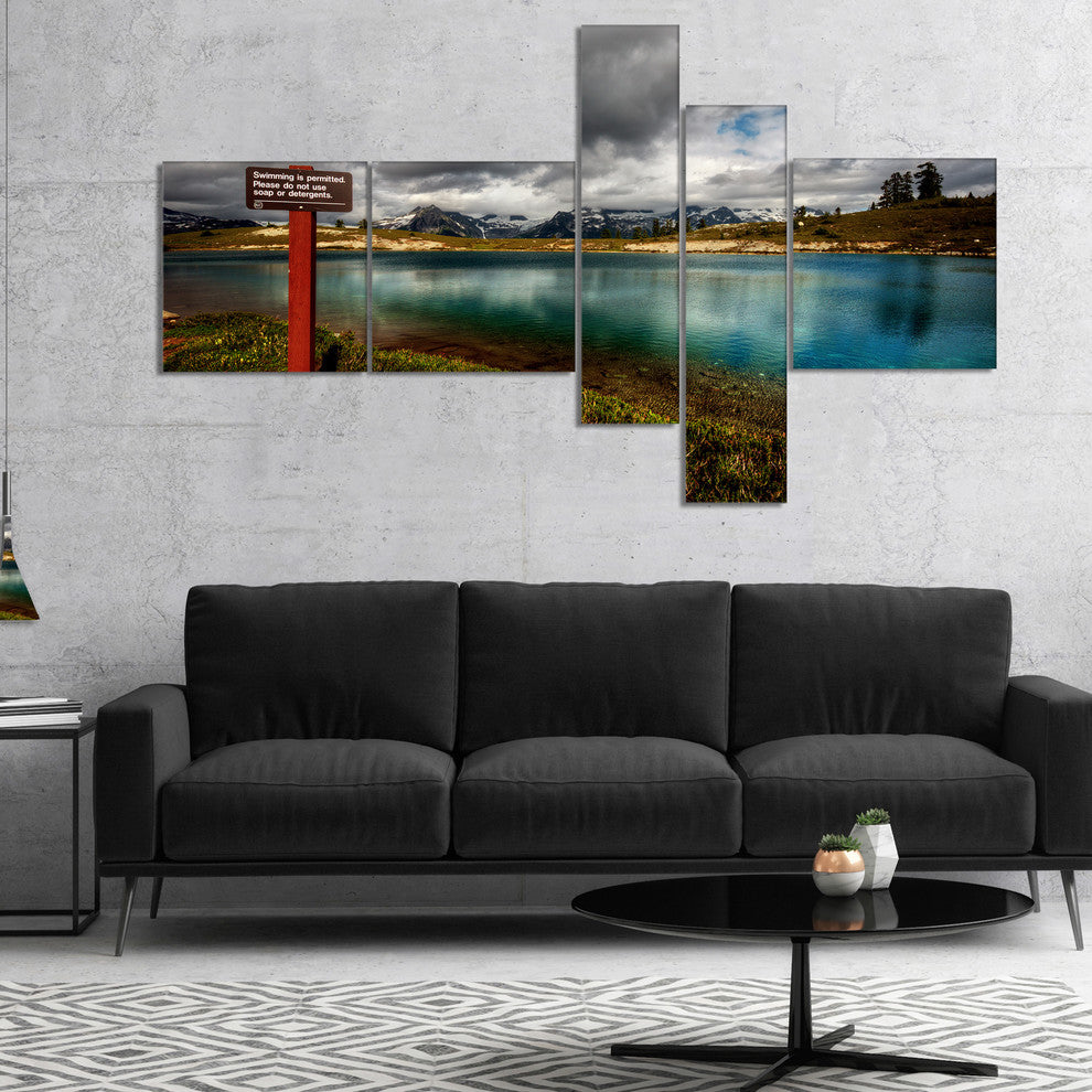 Azure Mountain Lake with Clouds, Landscape Canvas Art Print, 60"x32", 5 panels