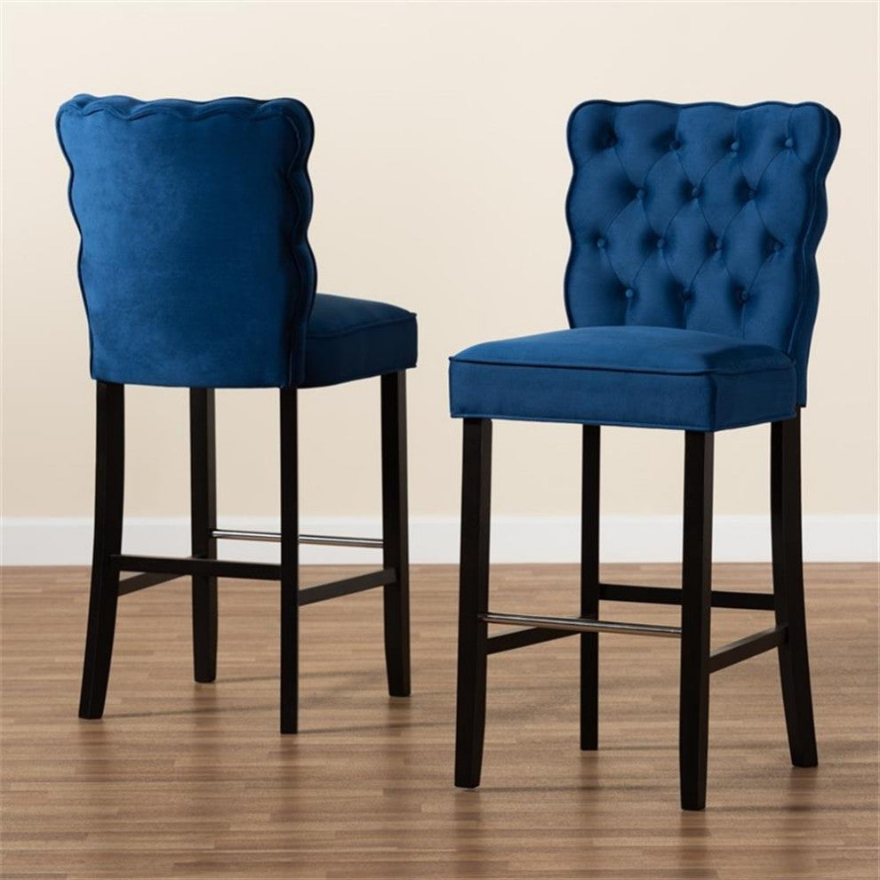 Baxton Studio Daphne Navy Blue Dark Brown Finished Wood 2-Piece Bar Stool Set