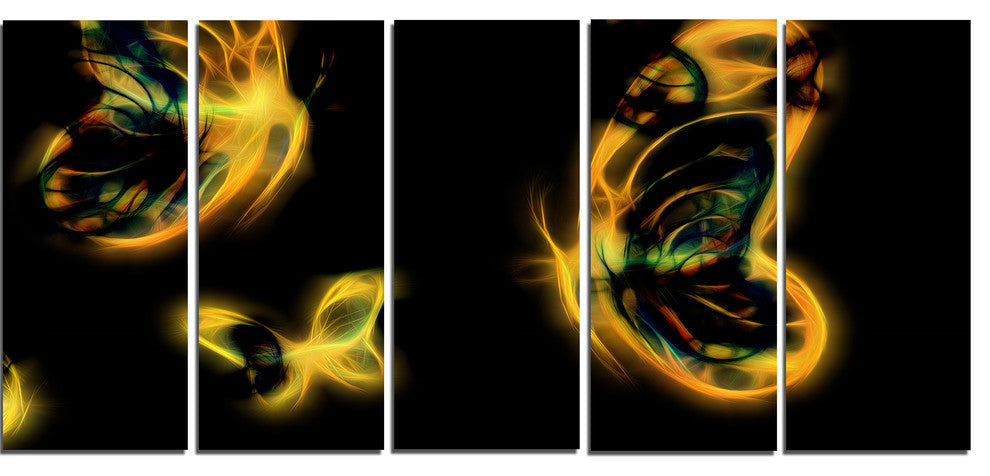 Yellow Fractal Butterflies on Black, Floral Canvas Art Print, 60"x28", 5 Panels