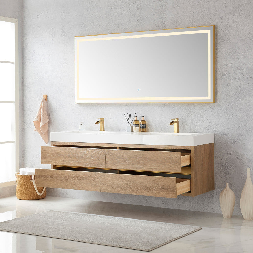 Palencia Floating Bath Vanity With Composite Stone Top, North American Oak, 72", With Mirror