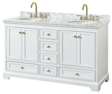 Deborah 60" White DBL Vanity, Carrara Marble Top, Oval Sinks, Gold Trim