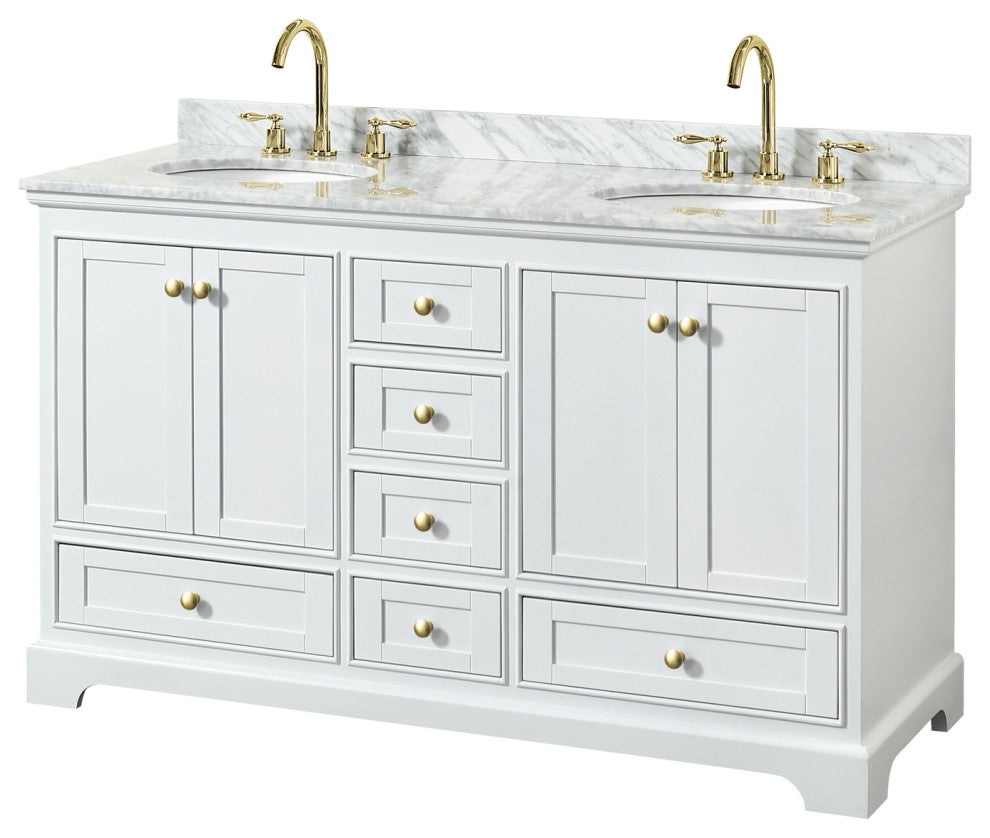 Deborah 60" White DBL Vanity, Carrara Marble Top, Oval Sinks, Gold Trim