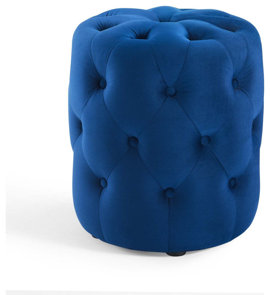 Tufted Accent Chair Ottoman, Round, Velvet, Blue Navy, Modern, Lounge