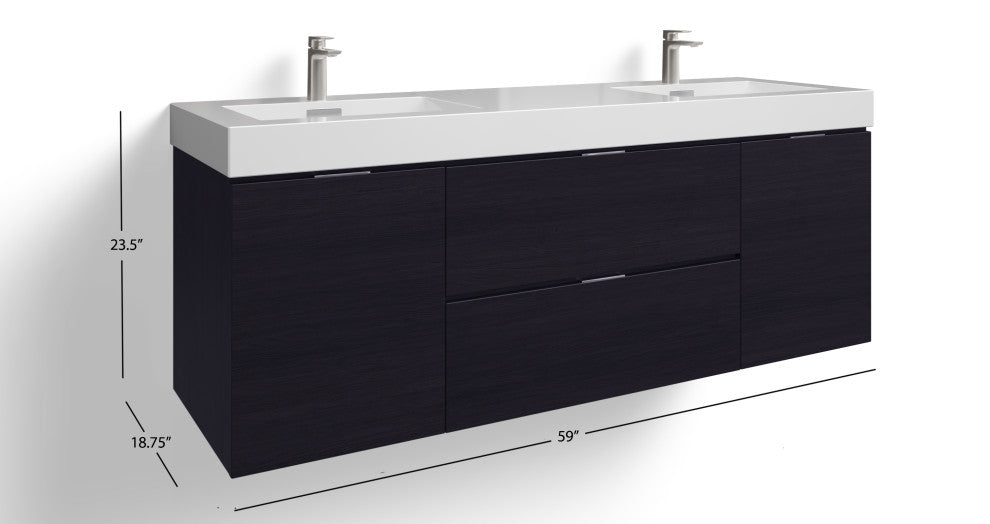 Boutique Bath Vanity, Black, 60", Double Sink, Wall Mount