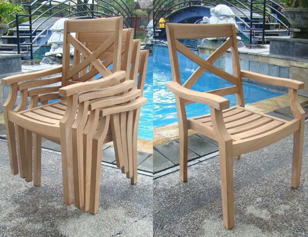 7-Piece Outdoor Teak Dining Set: 72" Round Table, 6 Grand Stacking Arm Chairs