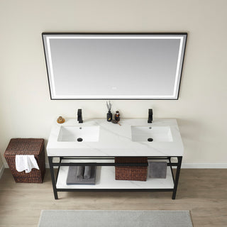 Funes Bath Vanity without Mirror, Matte Black Hardware, 60" Double Sink, White Stone Top