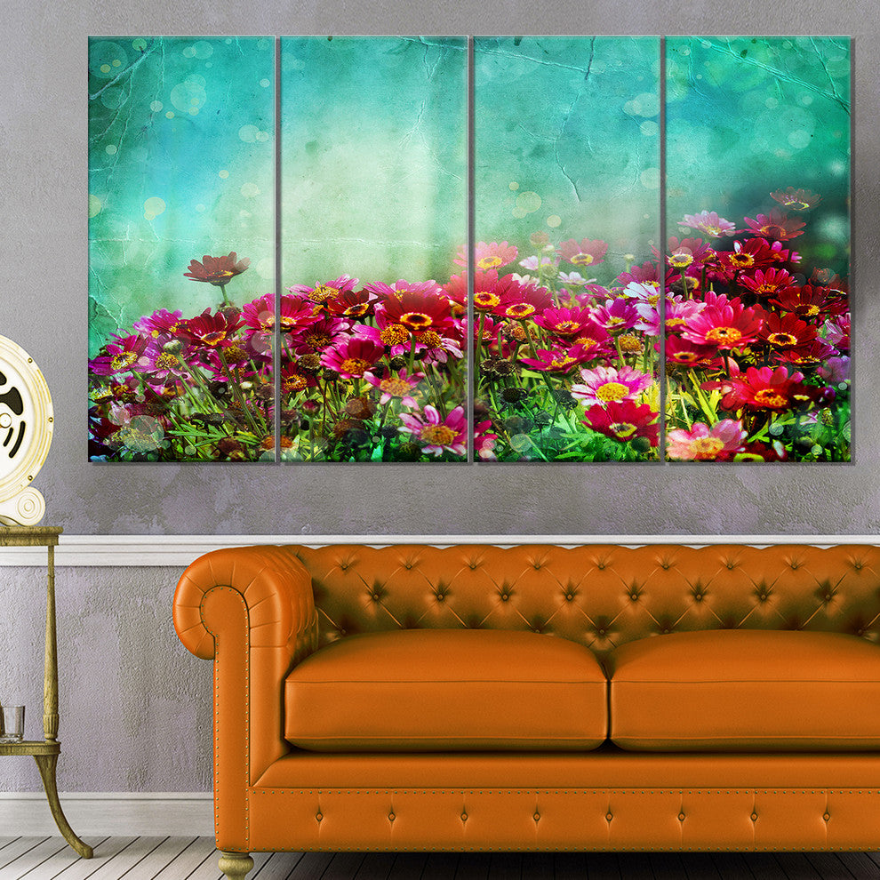 Little Red and Pink Flowers on Blue, Floral Canvas Print, 48"x28", 4 Panels