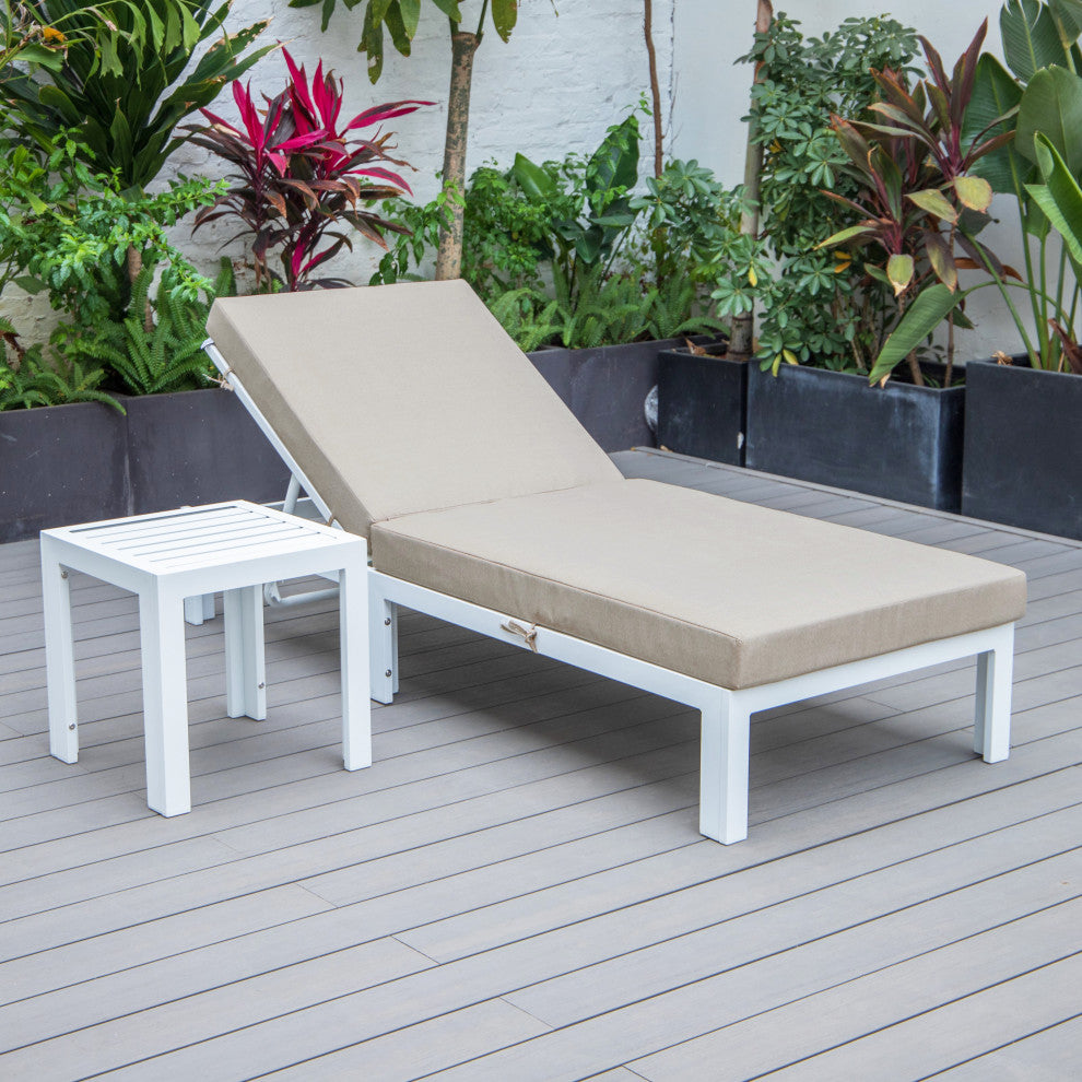 Chelsea White Chaise Lounge Chairs With Side Table, Beige