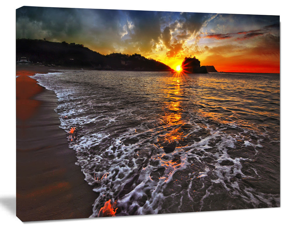 Setting Sun and White Waves, Seashore Photo Canvas Art Print, 40"x30"