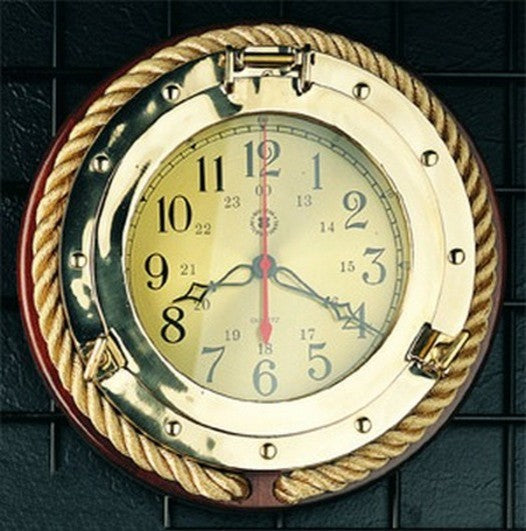 Brass Porthole Quartz Clock With Fisherman's Rope