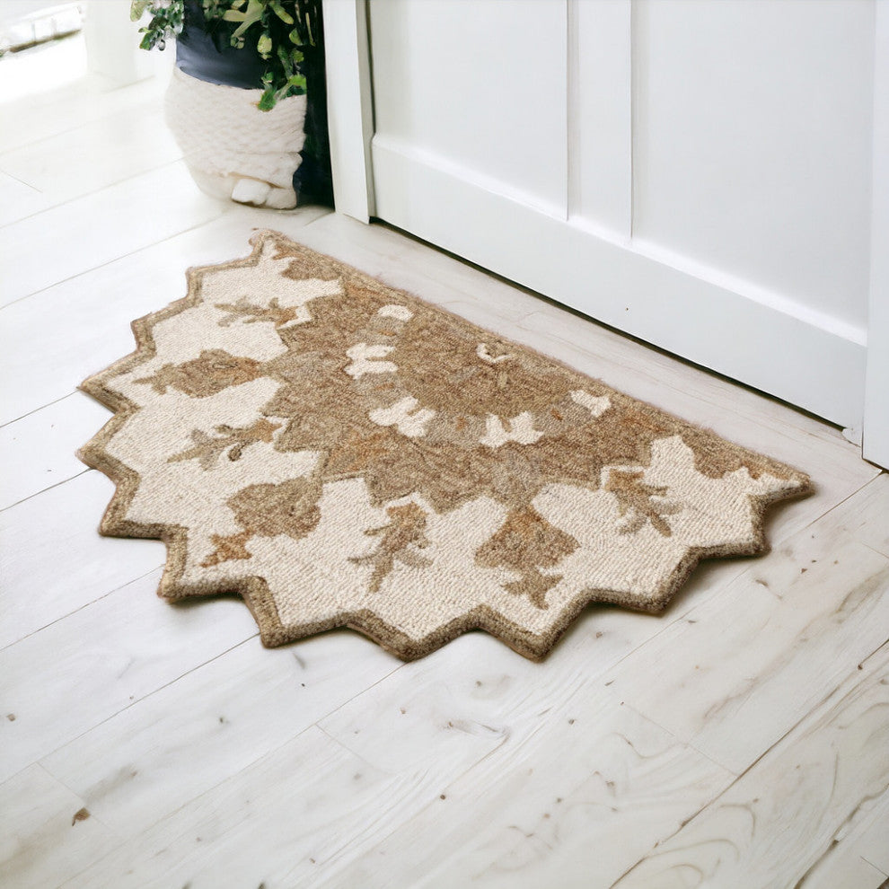 2' X 4' Tan and Beige Wool Medallion Hand Woven Half Circle Area Rug