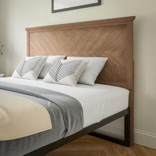 Fiona Herring Bone Wooden Adj. Headboard for Metal Bed Frames, Light Brown-Queen