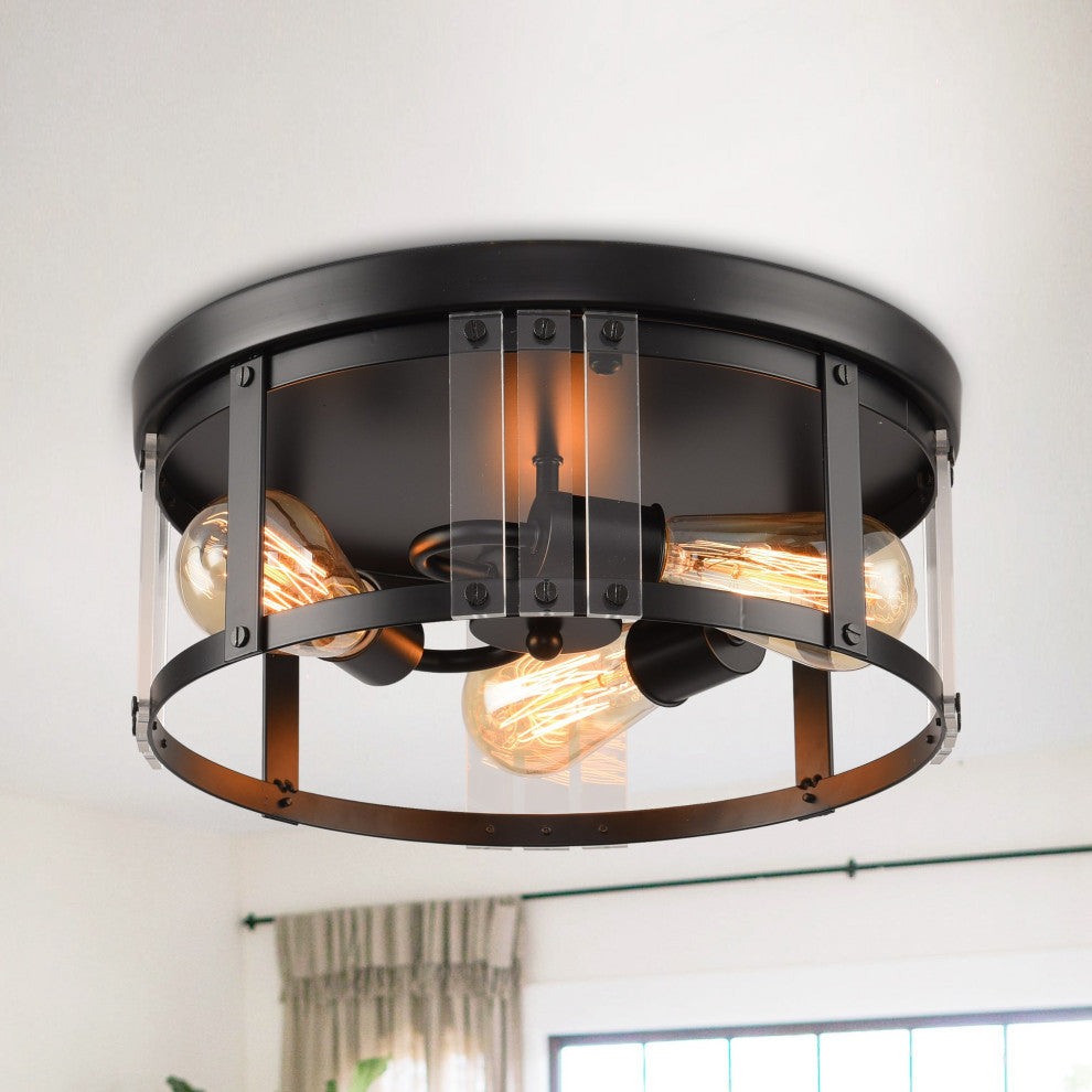 3-light Flush Mount Chandelier with Mental and Acrylic Lampshade