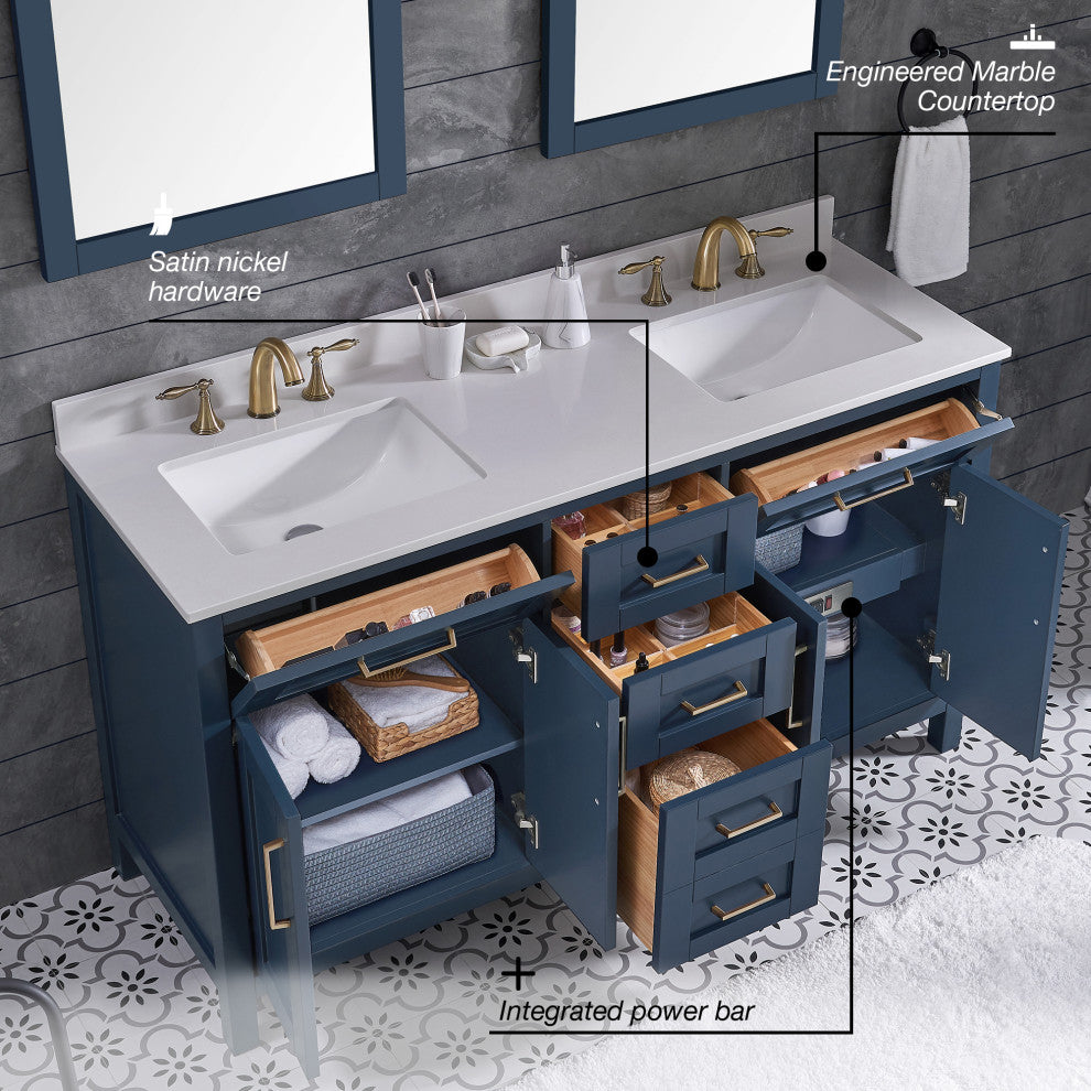 OVE Decors Tahoe Vanity, Midnight Blue With White Cultured Marble Top, 60"