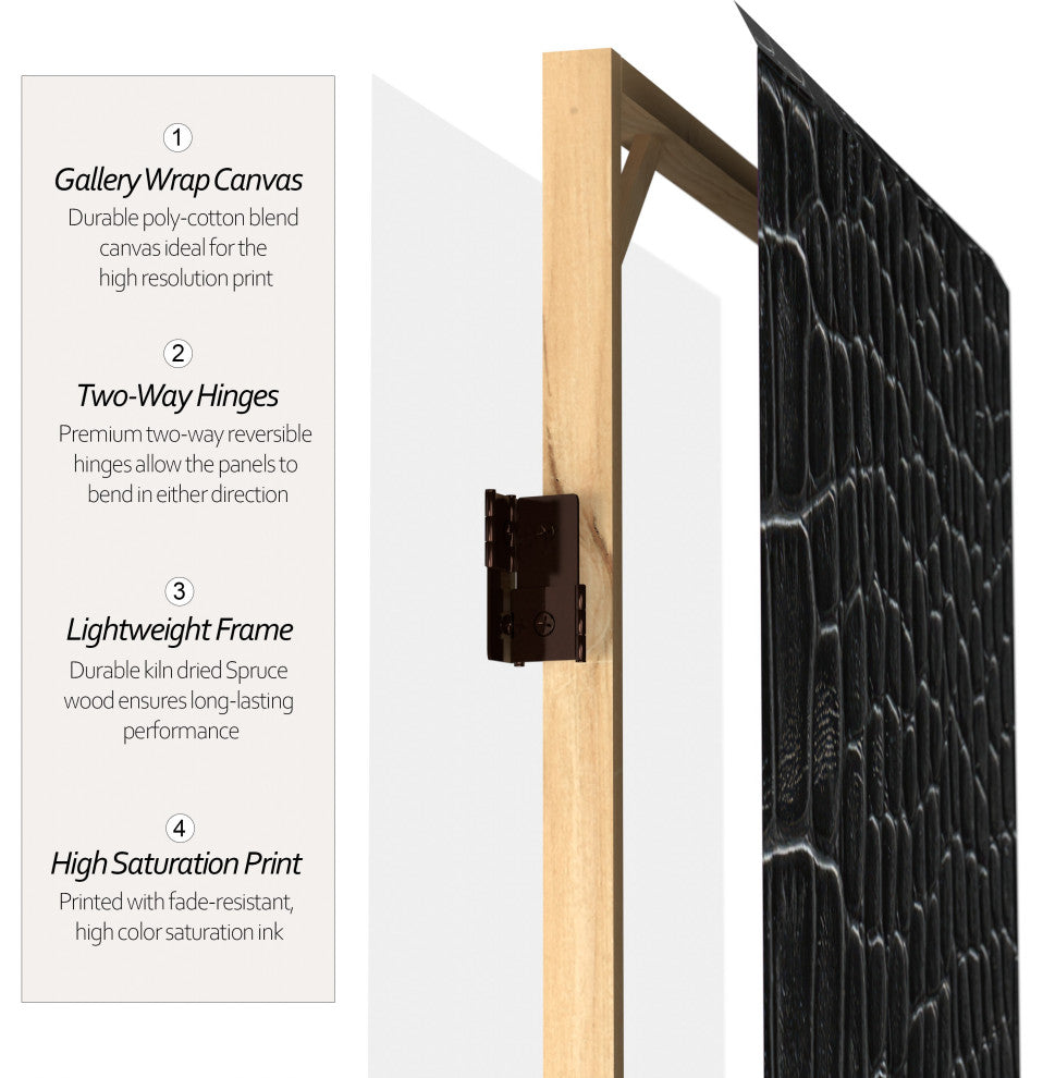 6' Tall Double Sided Black Crocodile Print Canvas Room Divider